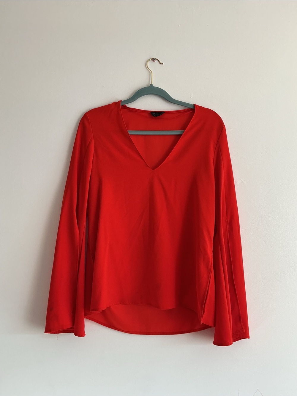 Topshop Red V-Neck Long-Sleeve Blouse